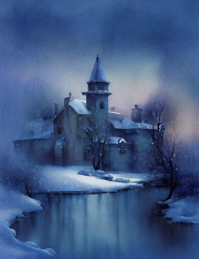 Snow-covered chapel by calm river at twilight with serene, mystical atmosphere and blue-violet hues