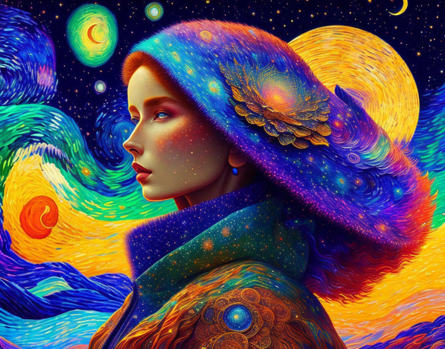 Illustration of woman with cosmic features inspired by Van Gogh's Starry Night.