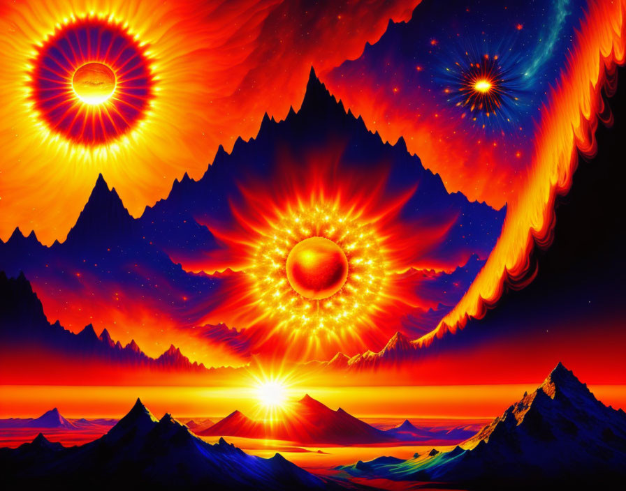 Psychedelic image: Multiple suns, fractal designs, surreal sky