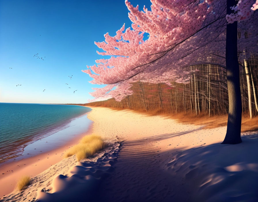 Tranquil Beach Scene with Pink Cherry Blossoms and Birds