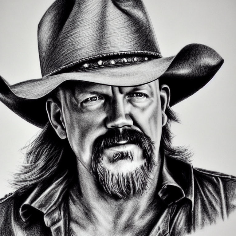 Detailed pencil drawing of a man with a beard and mustache in a cowboy hat