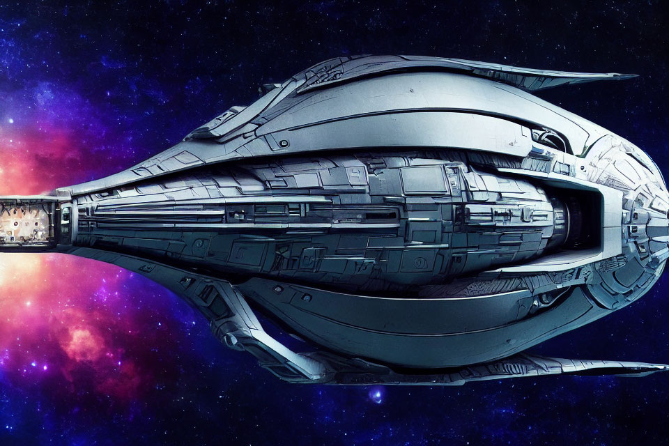 Detailed futuristic spaceship against vibrant space backdrop