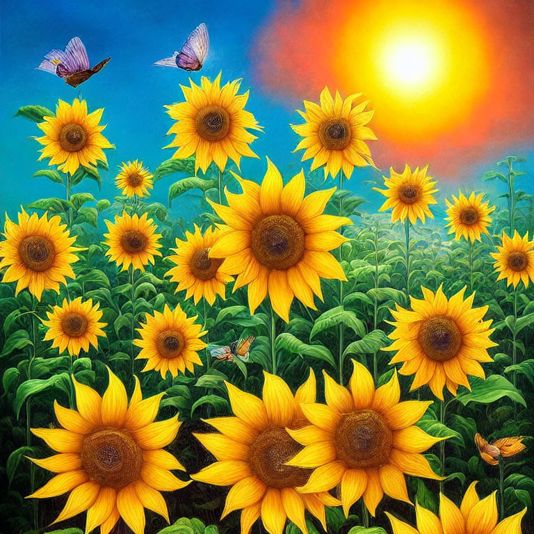 Sunflower Field at Sunset with Flying Butterflies