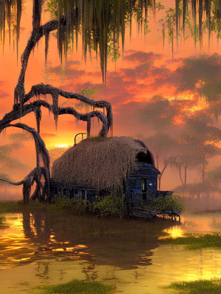 Thatched Cottage with Blue Windows Near Twisting Tree and Reflective Water at Sunset