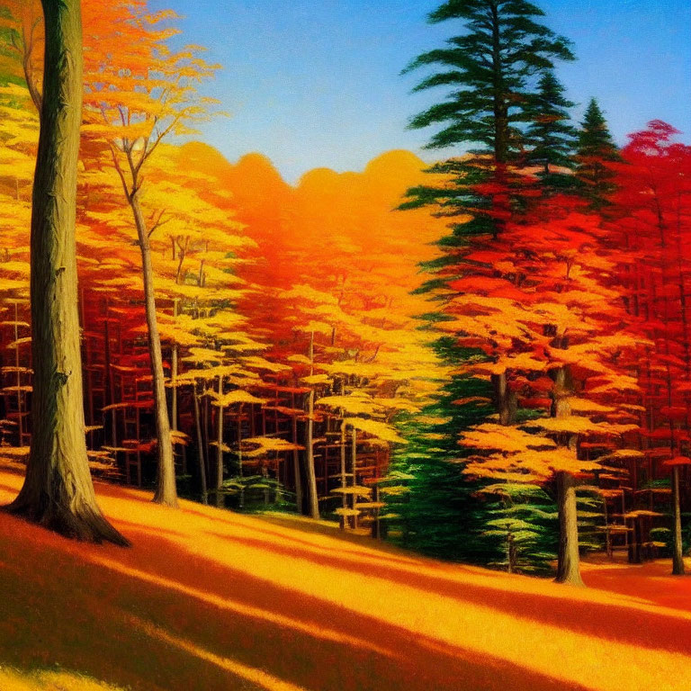 Colorful Autumn Forest Painting with Red, Orange, and Yellow Leaves