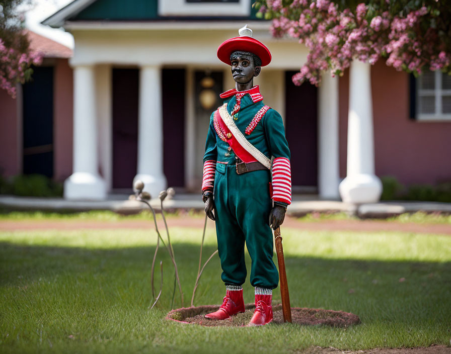 Colorful Attire Lawn Jockey Statue on Manicured Lawn