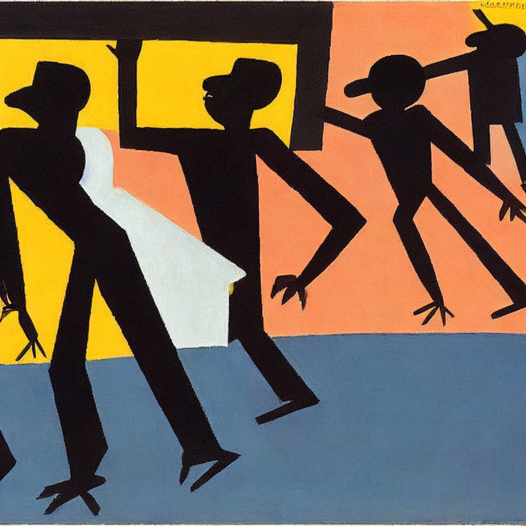 Silhouetted figures with elongated shadows on vibrant yellow and blue background