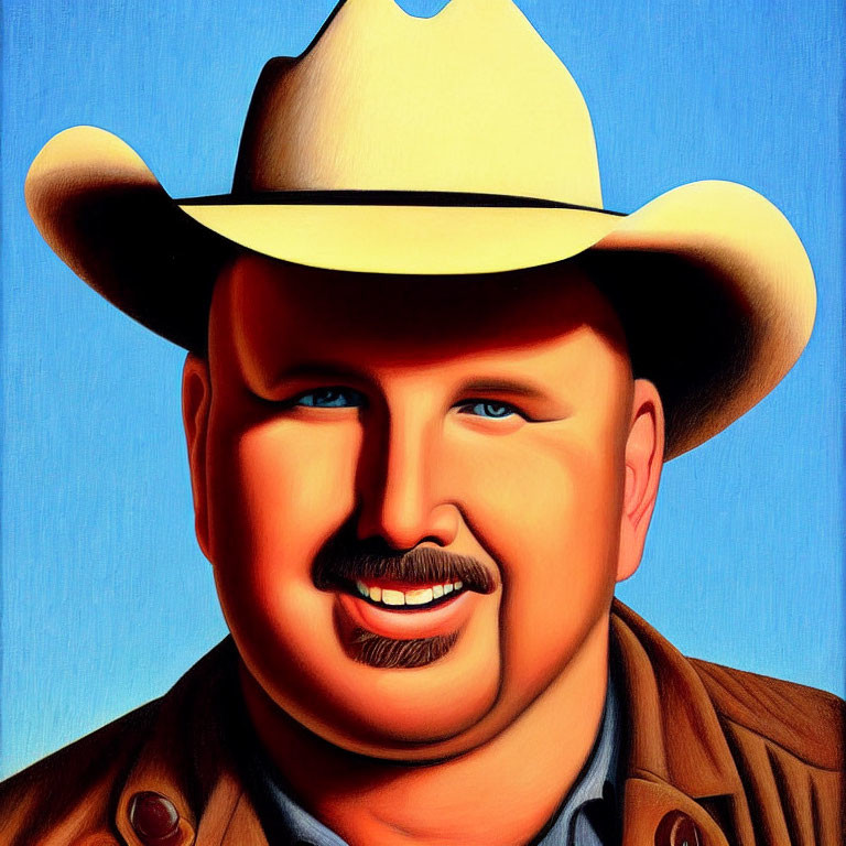 Smiling man with mustache in cowboy hat and jacket on blue background