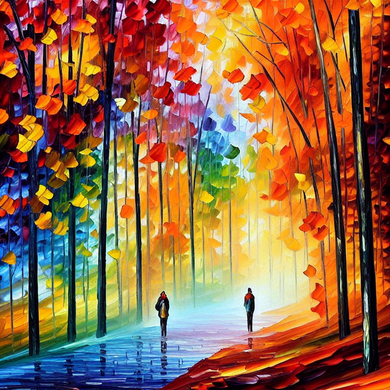 Colorful Painting of Two People Walking in Autumn Forest