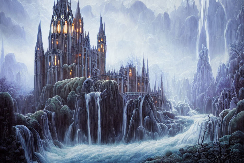 Gothic castle with spires above waterfalls in misty mountain landscape