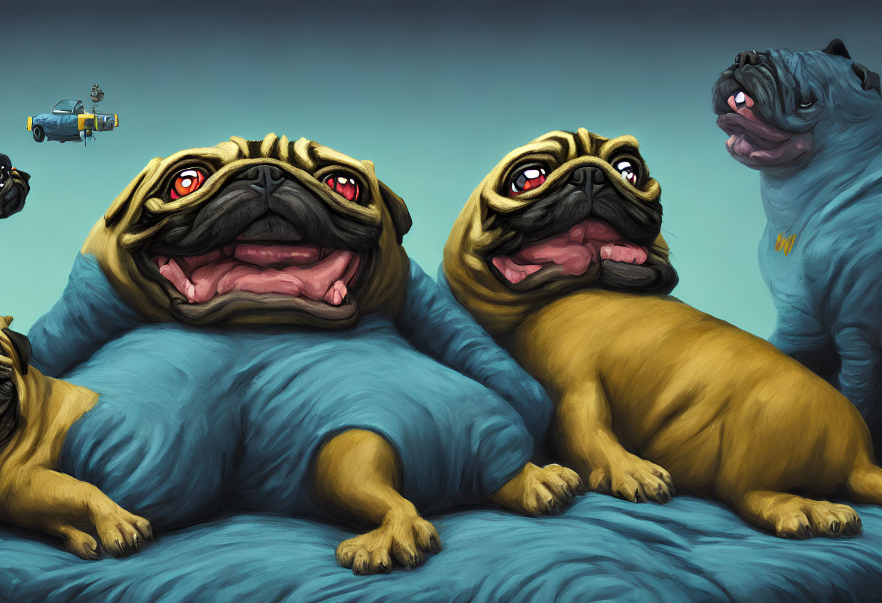 Three cartoonish pugs with exaggerated features and a blue cape on one, set against a turquoise backdrop