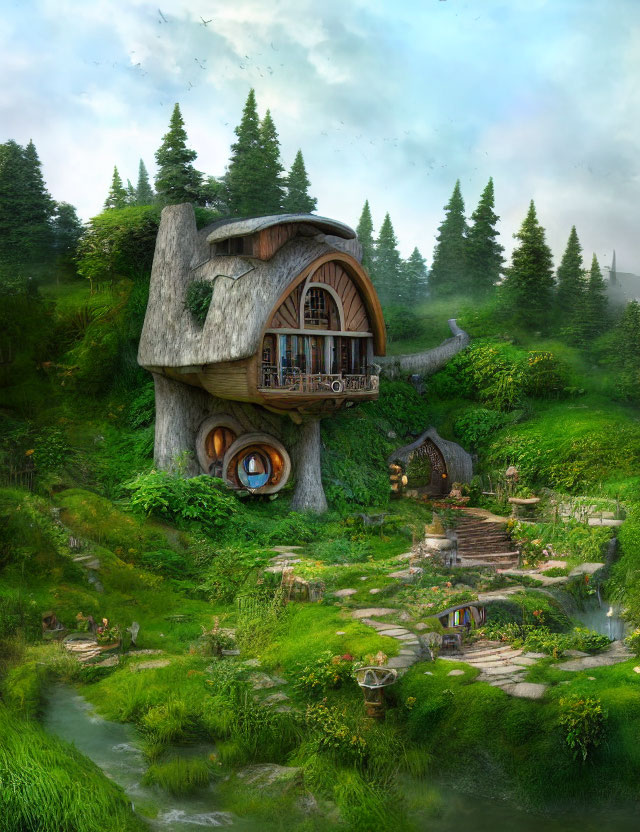 Whimsical treehouse in lush green landscape with stone stairway