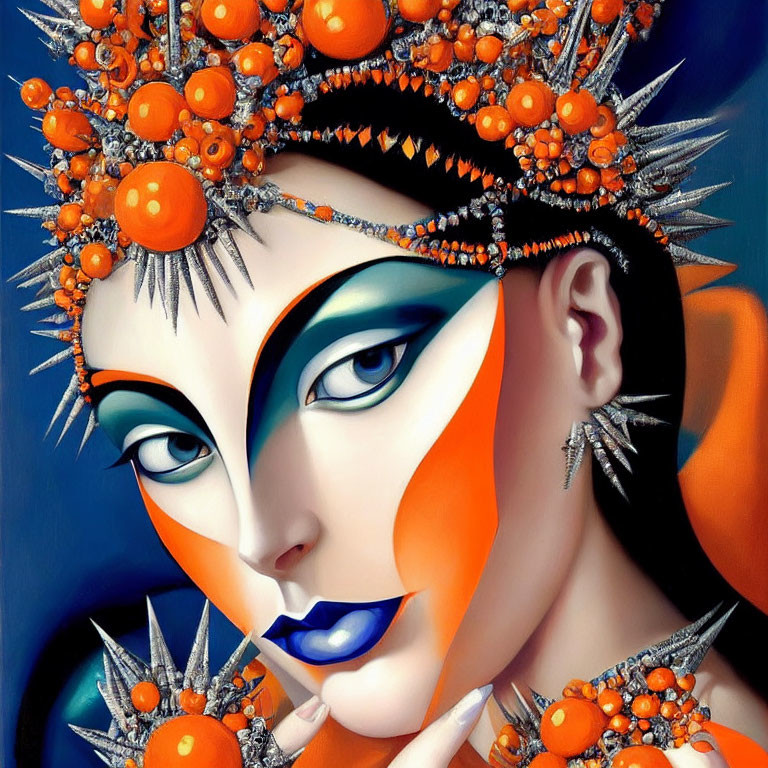Vibrant portrait with orange and blue face paint and elaborate headdress