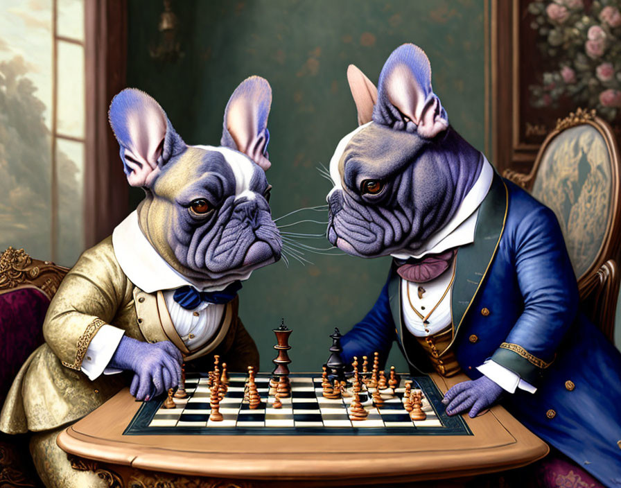 Anthropomorphized bulldogs in suits playing chess in elegant setting