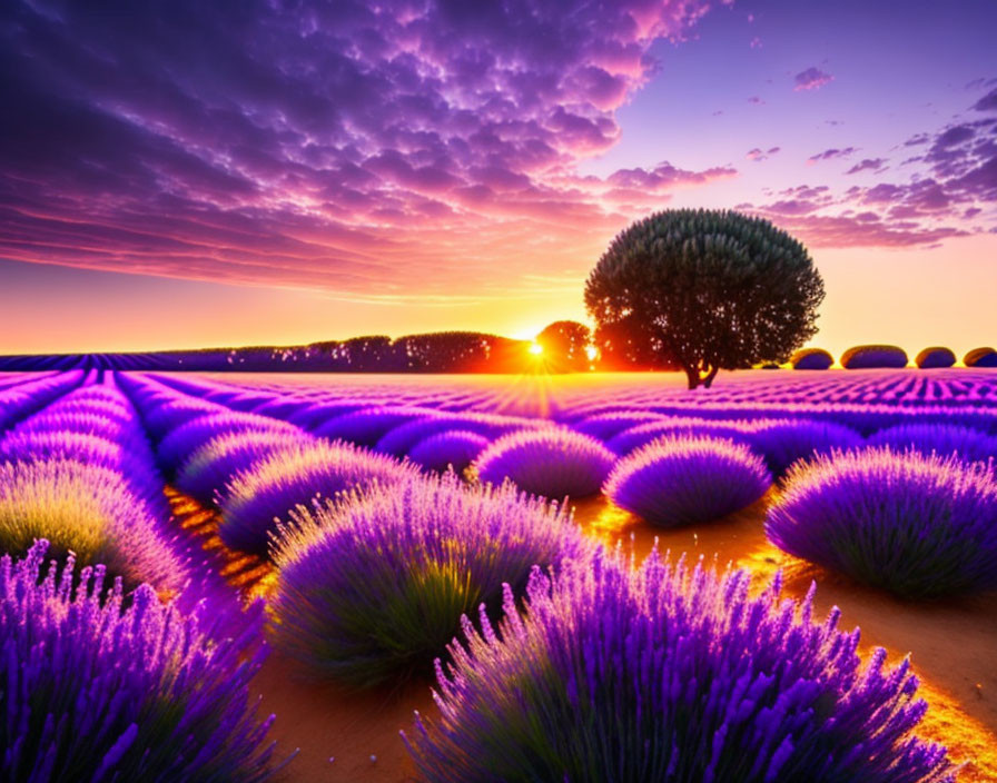 Scenic sunset over lavender field with lone tree in vibrant sky