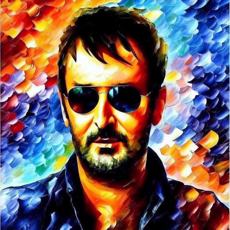 Colorful Abstract Art: Bearded Man in Sunglasses with Textured Style