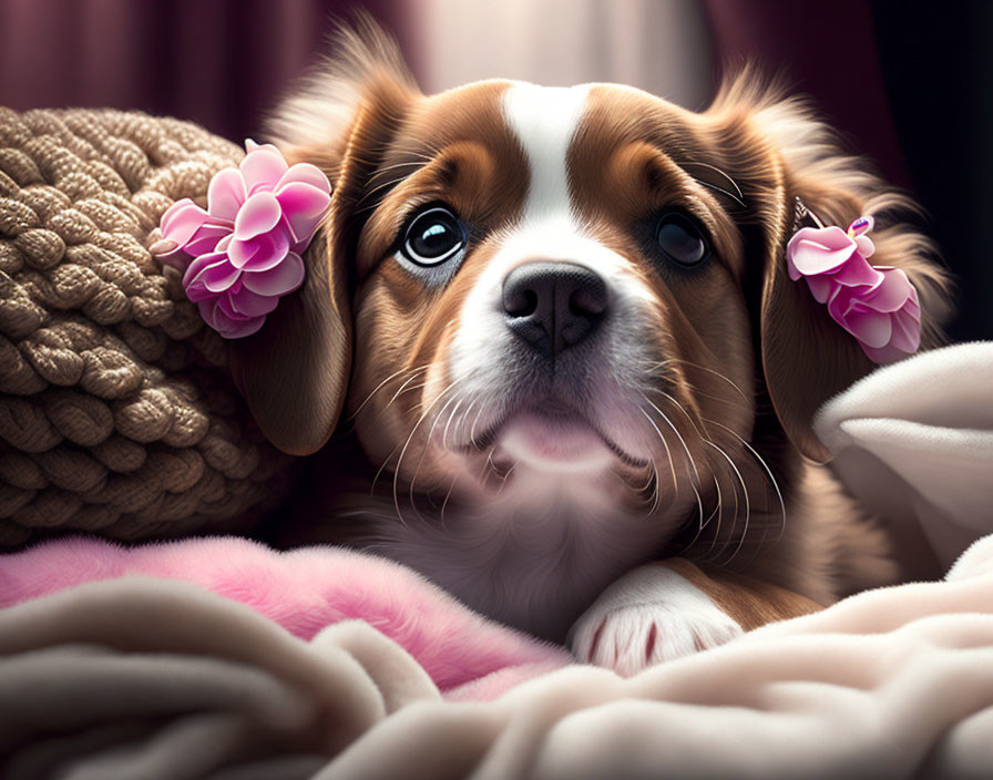 Adorable Brown and White Puppy with Pink Flowers in Cozy Setting