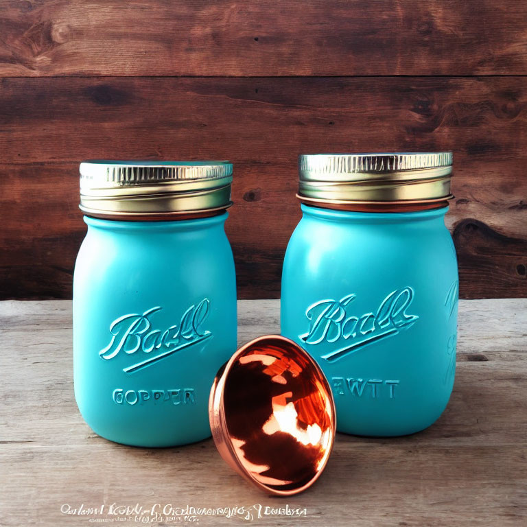 Teal Mason Jars with Copper Lids on Wooden Background