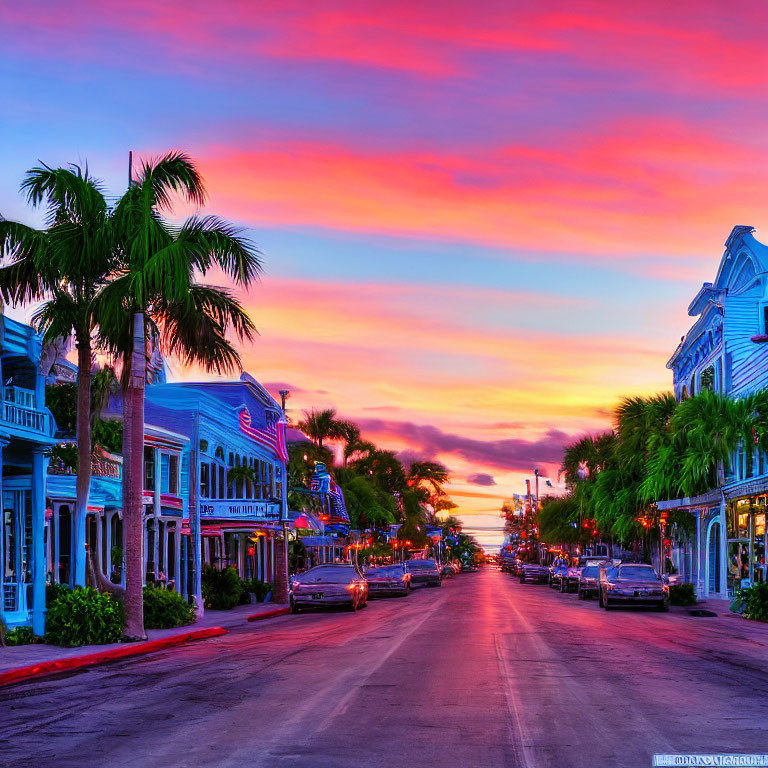Vibrant orange and pink sunset over colorful street with palm trees