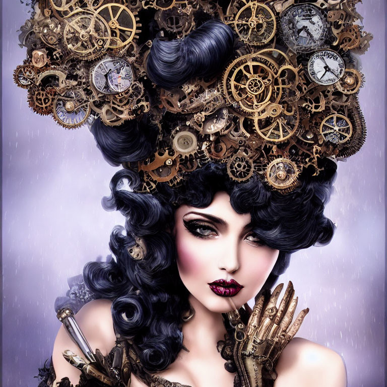 Elaborate Steampunk Hairstyle with Dramatic Makeup and Metallic Glove
