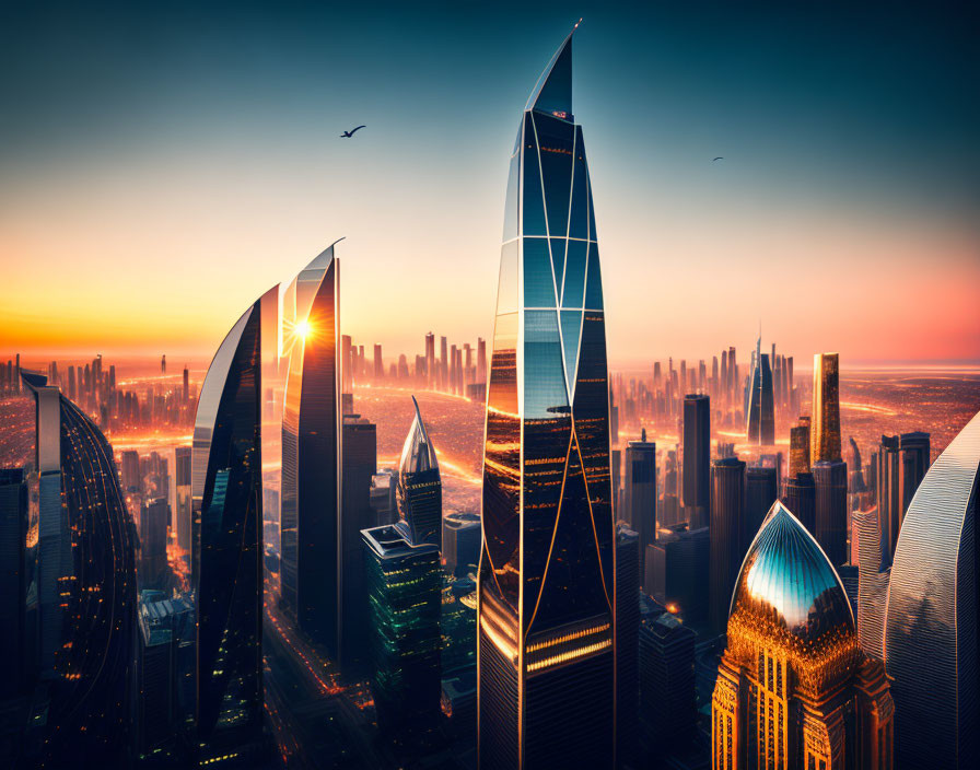 Futuristic sunset cityscape with sleek skyscrapers and birds in orange sky