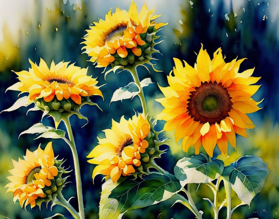 Bright yellow sunflowers on green background with water droplets - Detailed Description