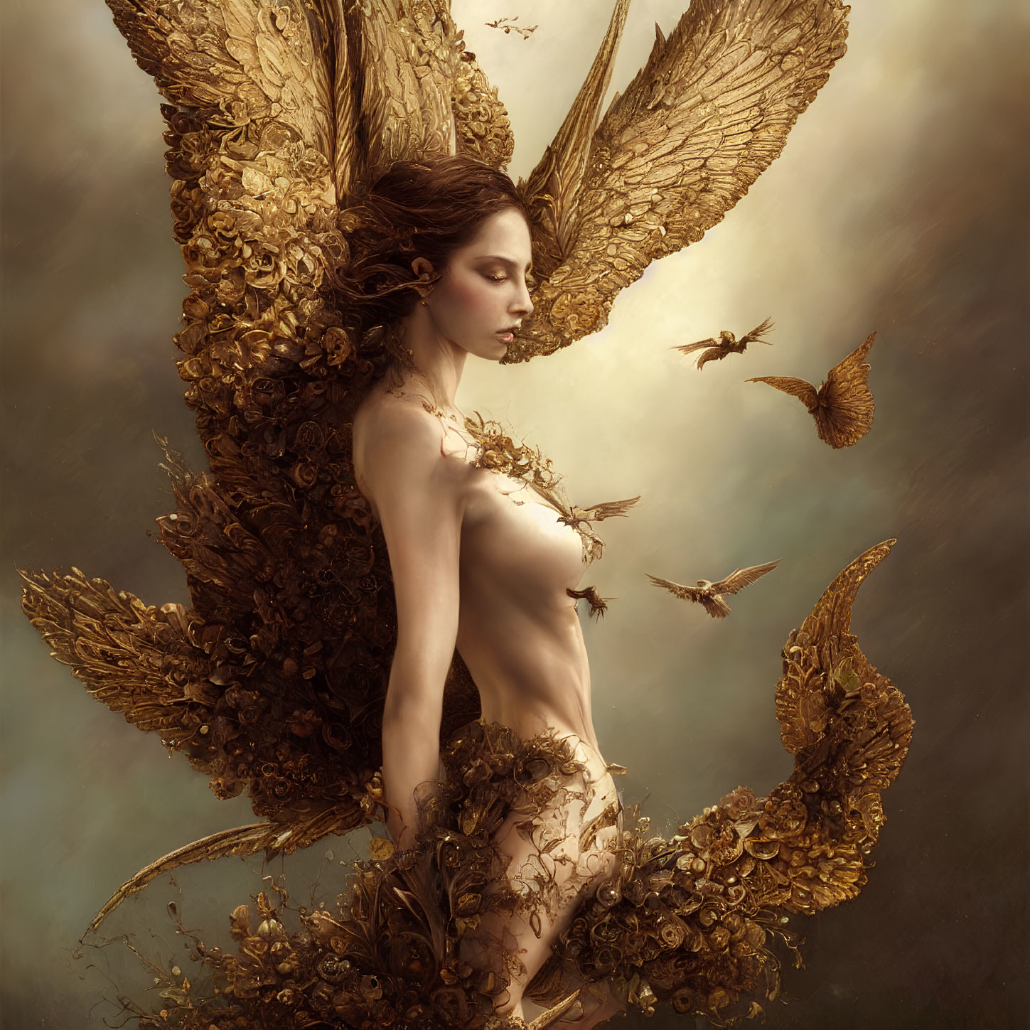 Golden-winged figure surrounded by birds and floral patterns symbolizes ethereal beauty.