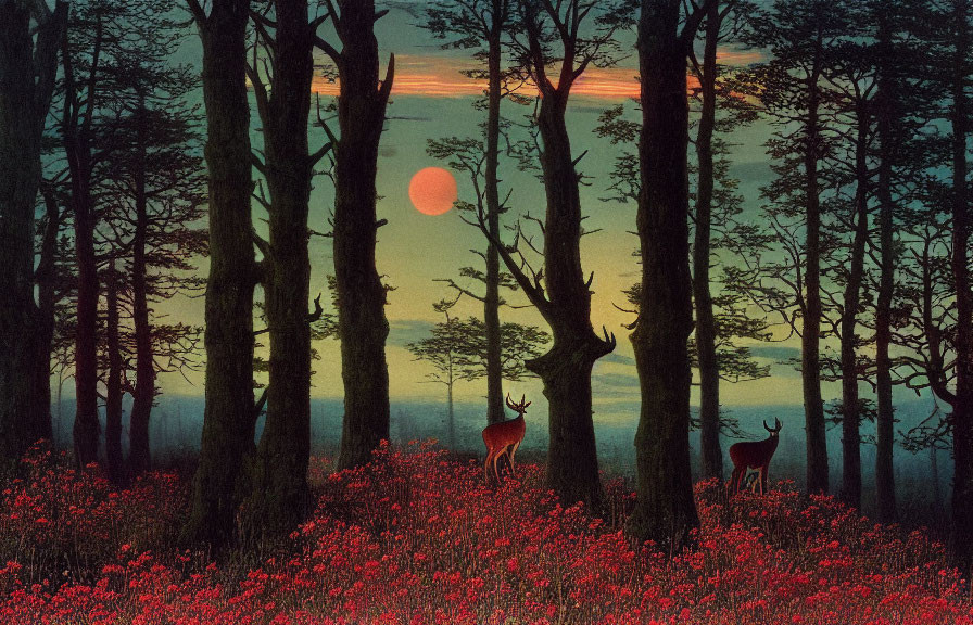 Twilight forest scene with red foliage, deer, and low sun