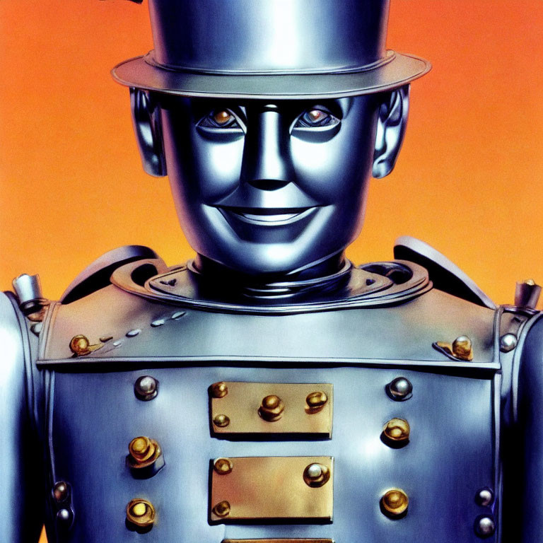 Shiny metallic robot with friendly face in top hat and suit on orange backdrop