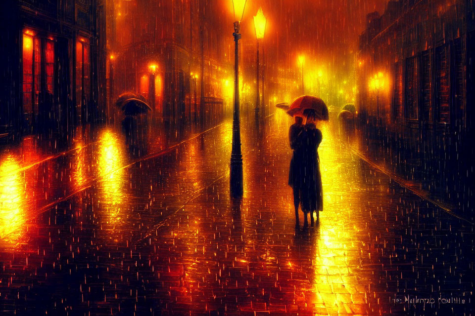 Nighttime couple walk on rain-soaked cobblestone street with umbrellas under warm street lamp glow