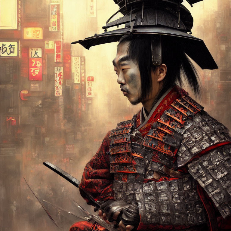 Traditional Japanese warrior in armor with sword on neon-lit street