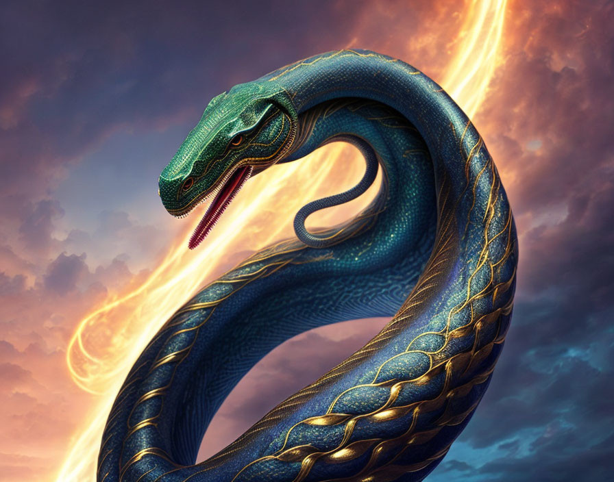 Majestic blue serpent in dramatic sky with lightning bolt