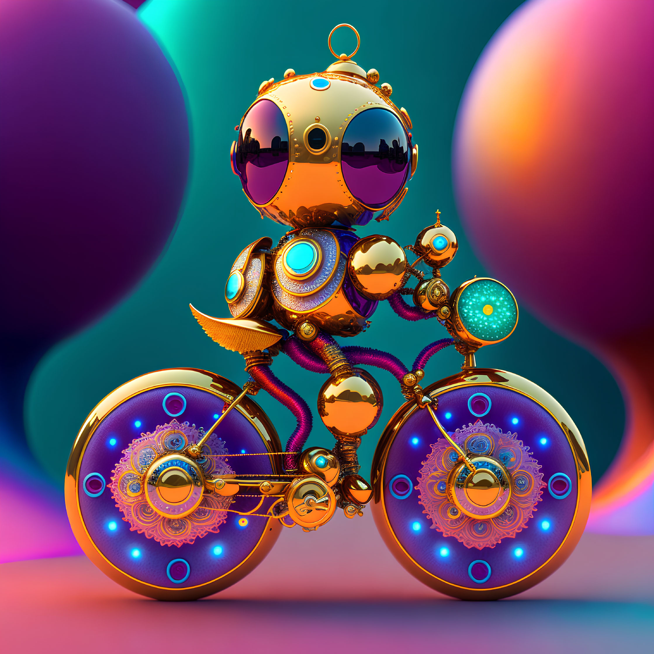 Colorful digital artwork: Whimsical ornate robot on dual-wheeled apparatus