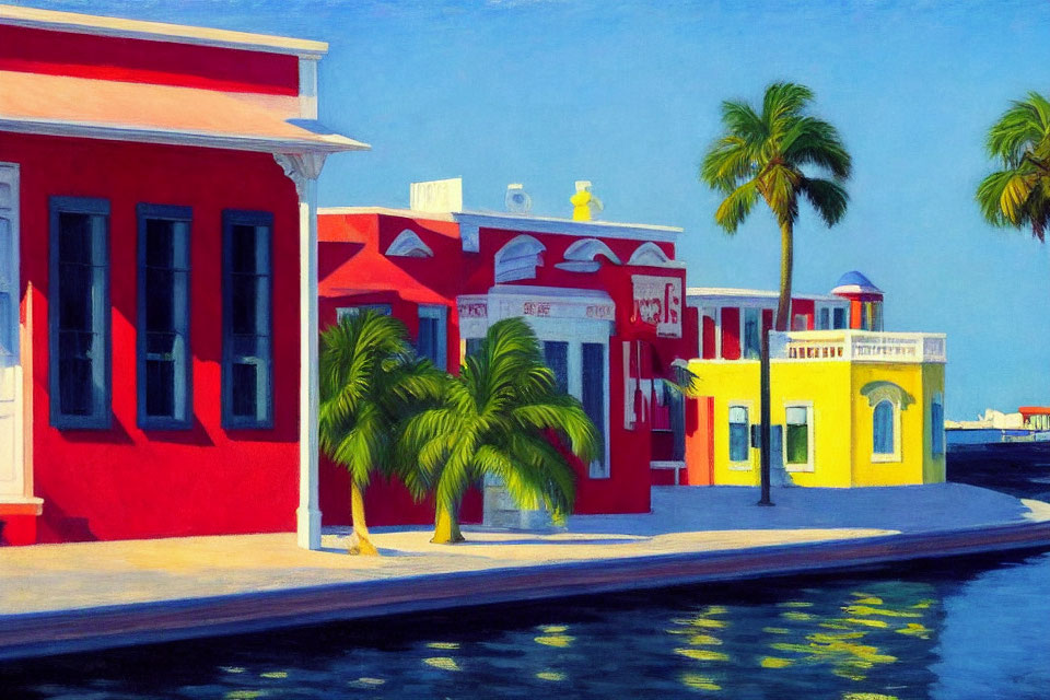 Colorful Coastal Street Painting with Palm Trees and Blue Sky