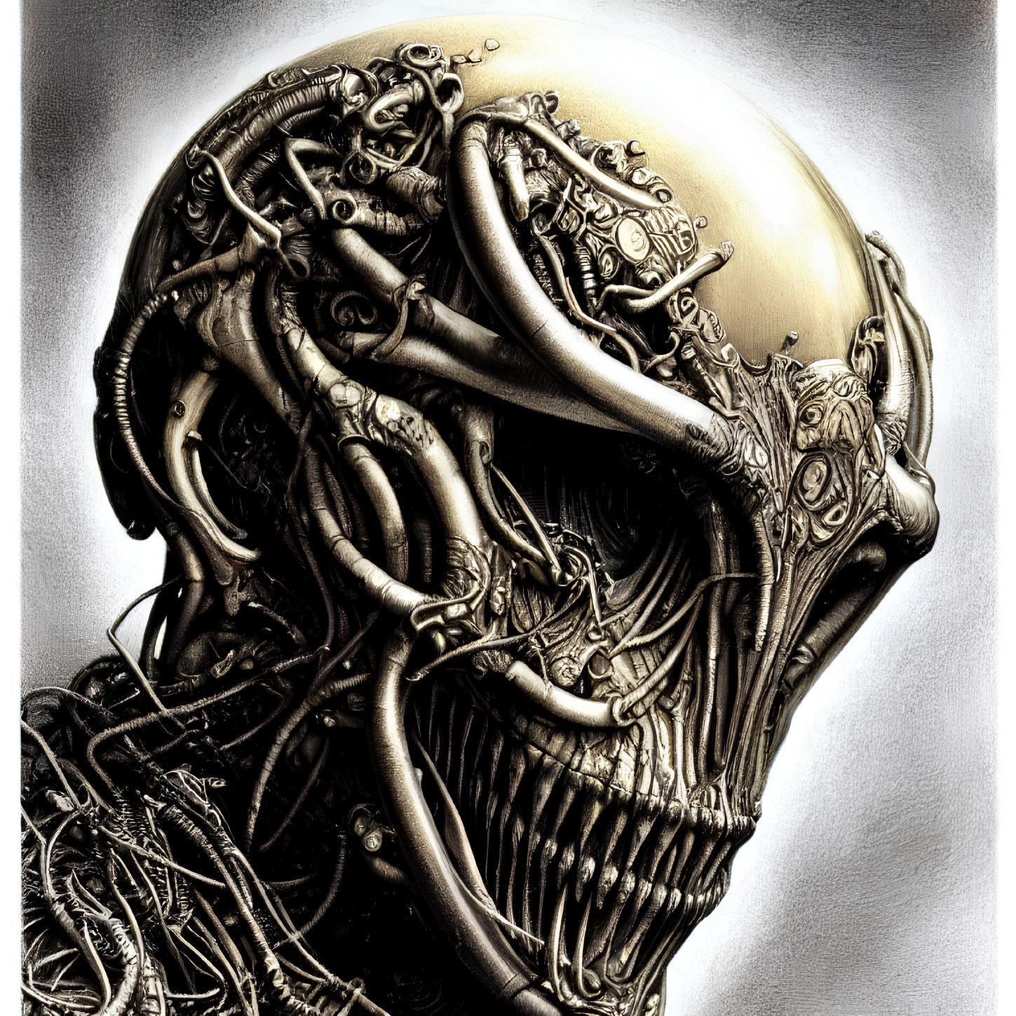Detailed biomechanical head illustration with alien-like features.