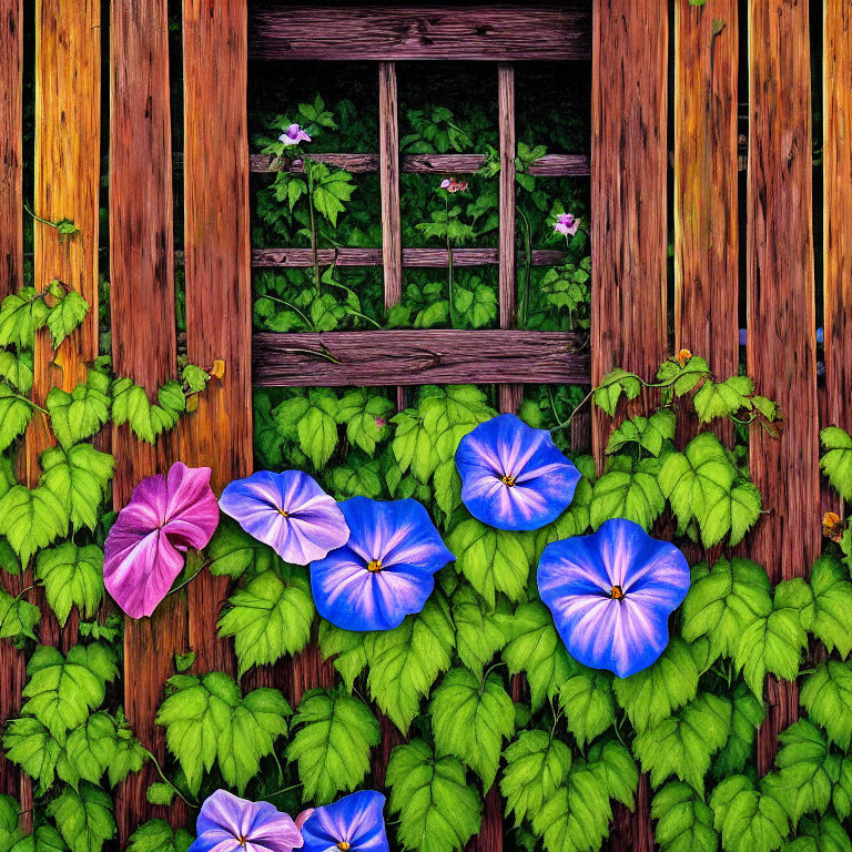 Colorful Morning Glories and Ivy with Wooden Window