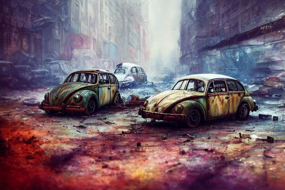 Derelict cars in foggy, desolate street with VW Beetles