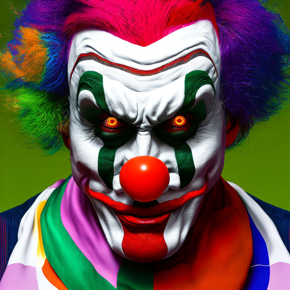 Close-up of person with dramatic clown makeup: white face, red nose, green eyes, multi-colored