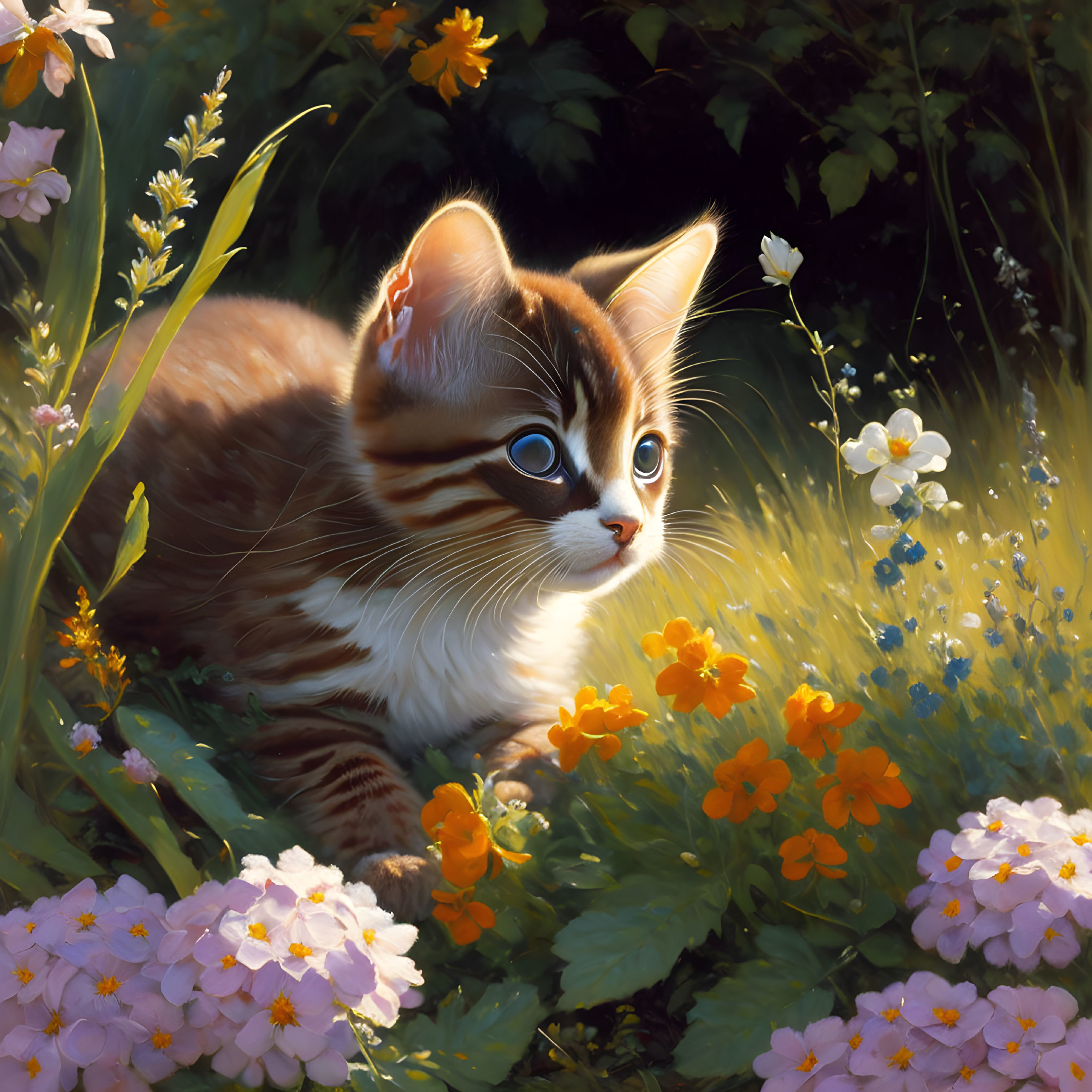 Brown and White Kitten with Blue Eyes in Sunlit Garden Among Flowers