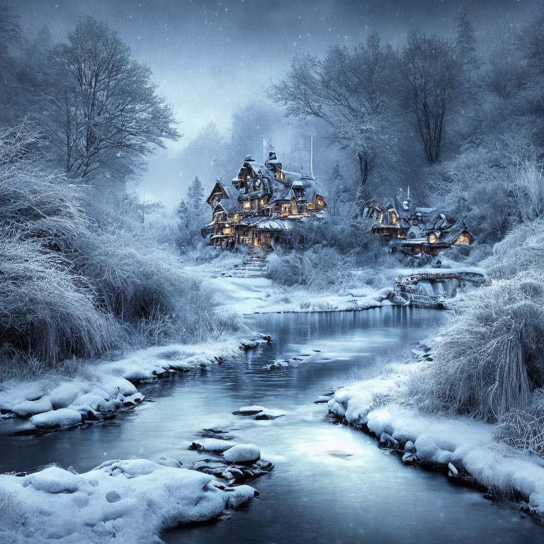 Snow-covered village by river illuminated at twilight