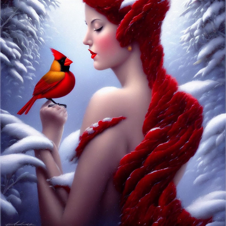 Woman in red textured garment with cardinal in snowy forest