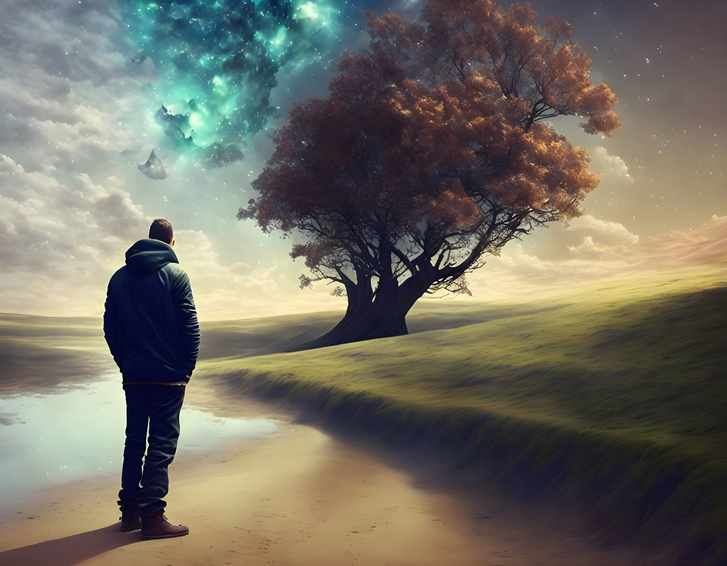 Person admiring tree and surreal nebula on grassy hill with floating rock and cloth.