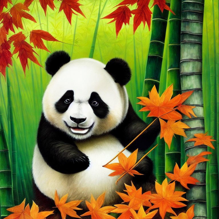 Adorable panda with red maple leaves and bamboo stalks