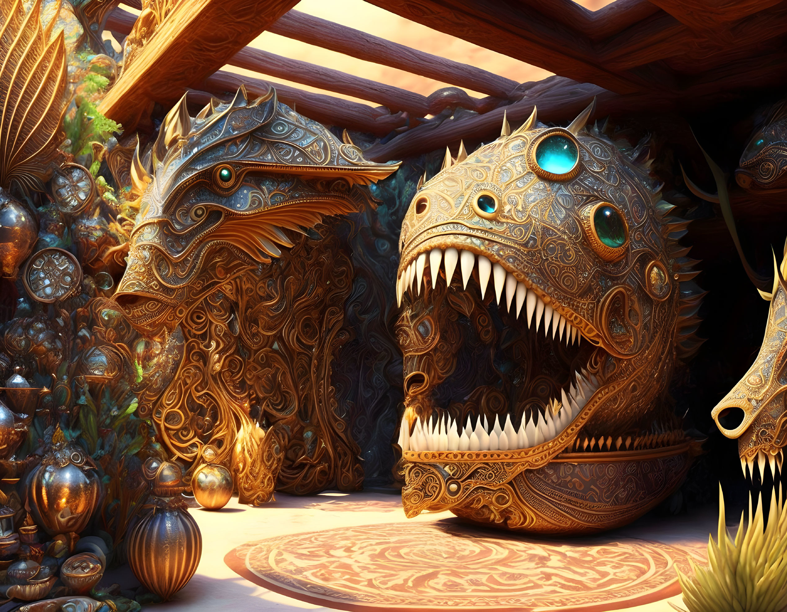 Detailed Artwork: Ornate Dragon-like Sculptures with Golden Pottery