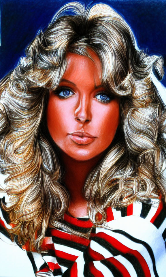 Portrait of a woman with curly blonde hair and blue eyes in red and white striped top