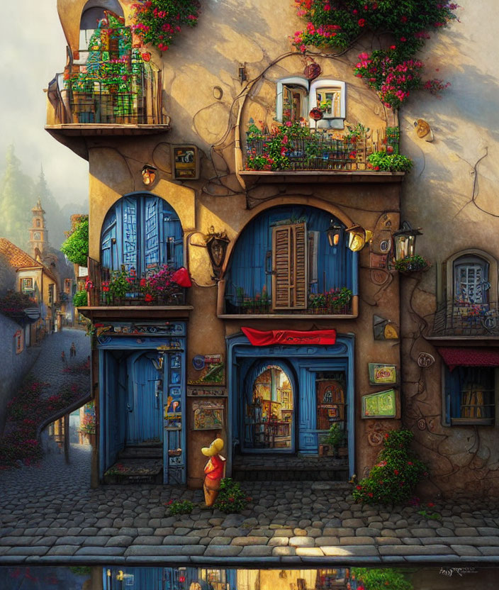 Enchanting cobblestone street scene with person in red cloak and curved stone building
