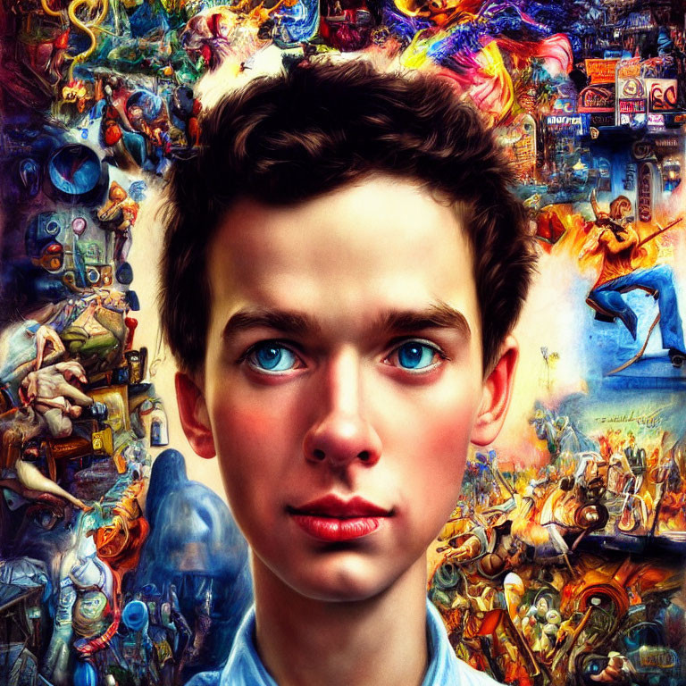 Young Person with Intense Blue Eyes Surrounded by Colorful Chaos