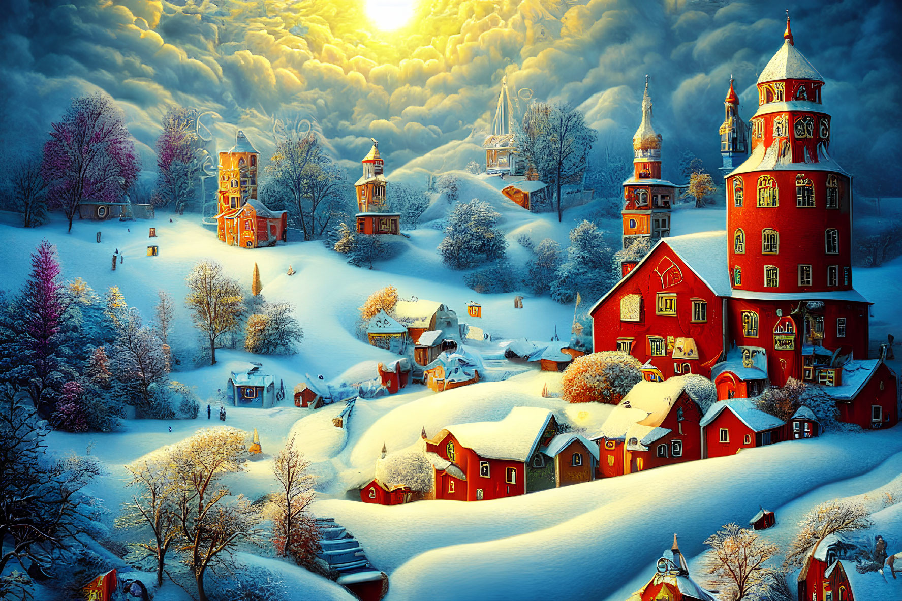 Snow-covered houses in golden sunset over fairytale village