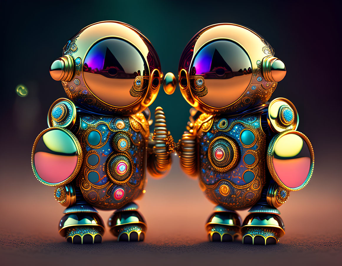 Ornate robotic figures holding hands against colorful backdrop