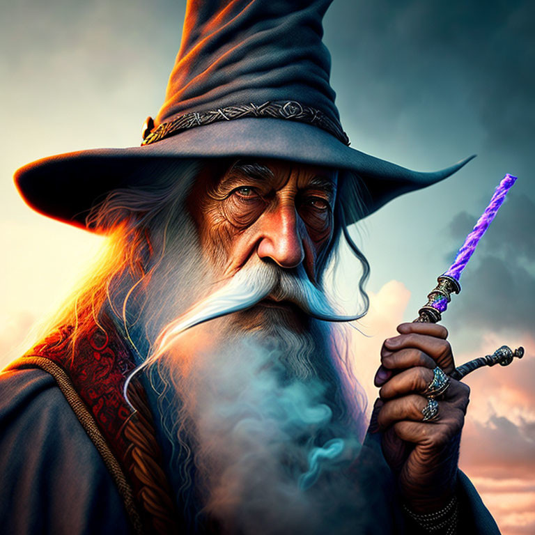 Elderly wizard with white beard, pointed hat, holding purple crystal staff